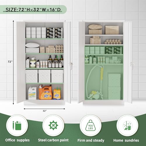 Greenvelly Steel SnapIt Storage Cabinet 72" Locking Metal Garage Storage Cabinet with 4 Adjustable Shelves, 2 Doors and Lock for File, Office, Garage