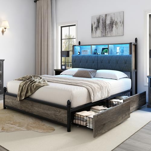 AMERLIFE Full Size Bed Frame with Bookcase Headboard, 4 Storage Drawers, Wooden Platform Bed with Charging Station & LED Light, No Box Spring Needed