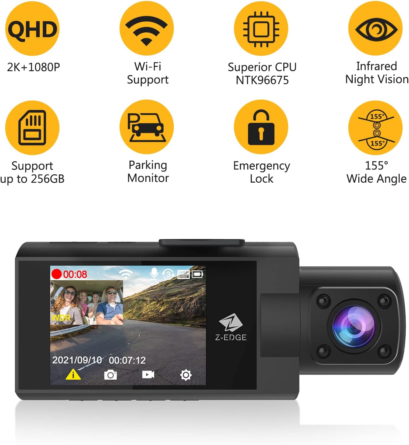 WiFi Dash Cam, Z-Edge New Version Z3Pro Dash Cam Front and Inside, 2K+1080P Front and Inside Dual Dash Cam, Car Camera, IR Night Vision, Parking Mode