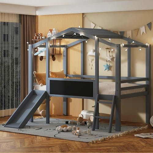 Harper & Bright Designs Kids Twin Low Loft Bed with Slide and Storage Shelves, Wood Playhouse Loft Bed Frame with a Tent & Stairs