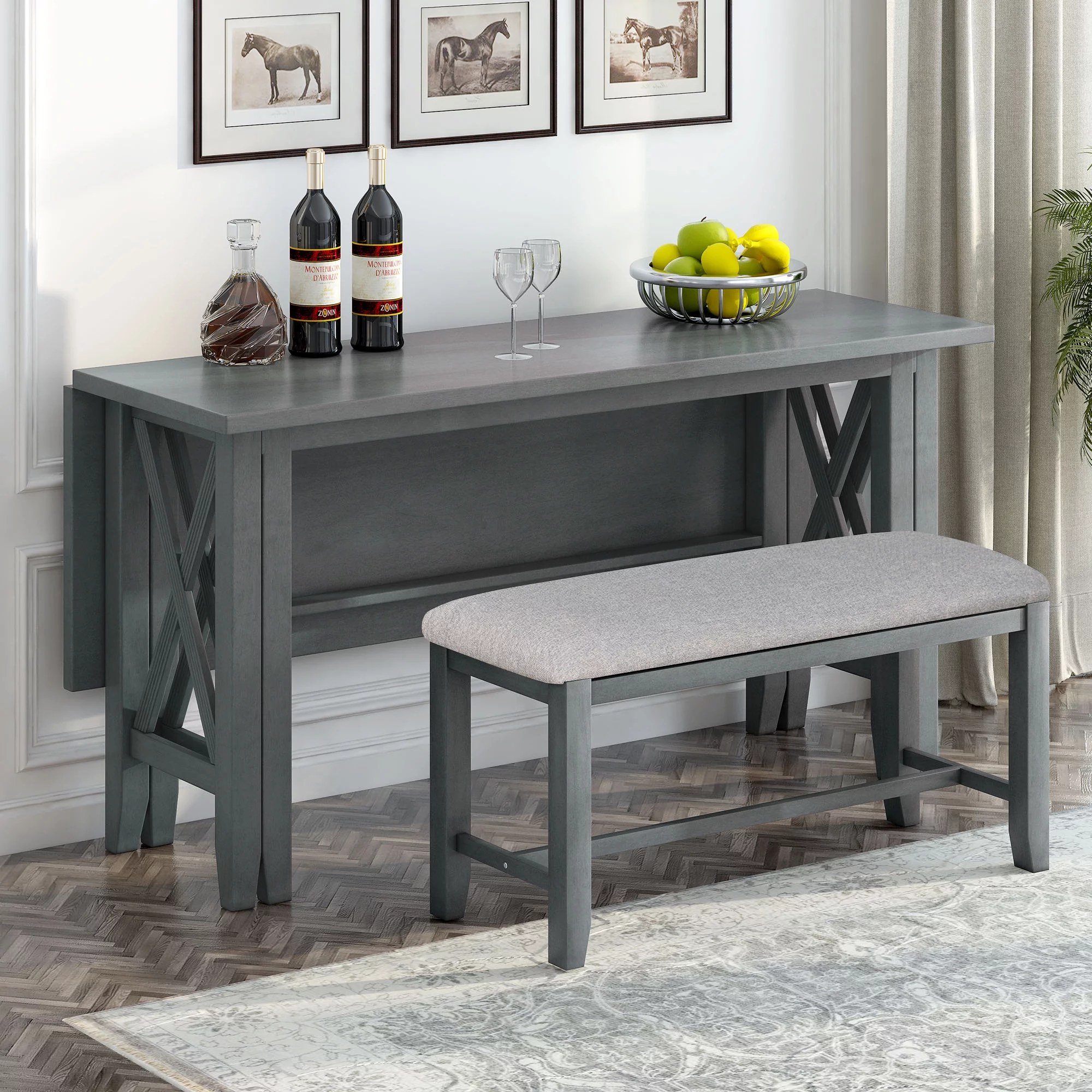 CoSoTower 6-Piece Family Dining Room Set Solid Wood Space Saving Foldable Table and 4 Chairs with Bench for Dining Room, Gray