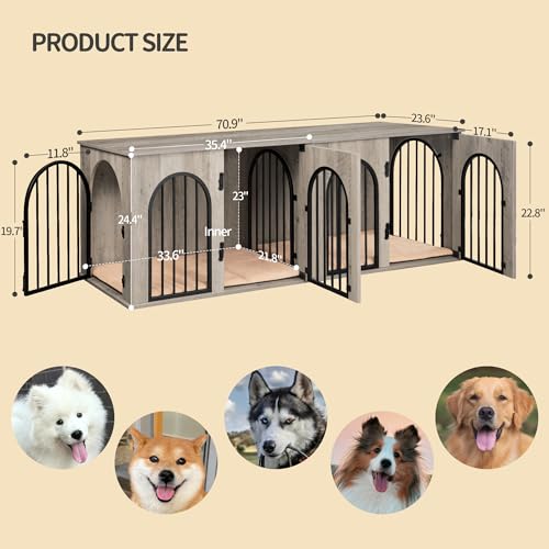 71" Dog Crate Furniture for 2 Dogs, Heavy Duty Indoor Dog Kennel TV Stand, XXL Wooden Dog Cage with Divider for Medium Large Dogs