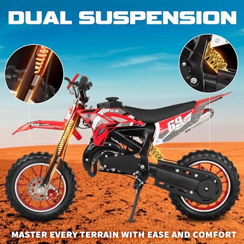 Kids Off-Road Dirt Bike 49CC 2-Stroke Gas Powered Mini Motorcycle with Front & Rear Disc Brakes, Easy Pull Start, 30 MPH Max Speed, 220 LBS Capacity