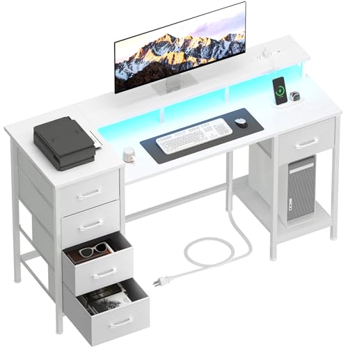 47 Inch Computer Gaming Desk with Power Outlets LED Lights Reversible Home Office with Adjustable Fabric Storage Drawers for Working Writing Study