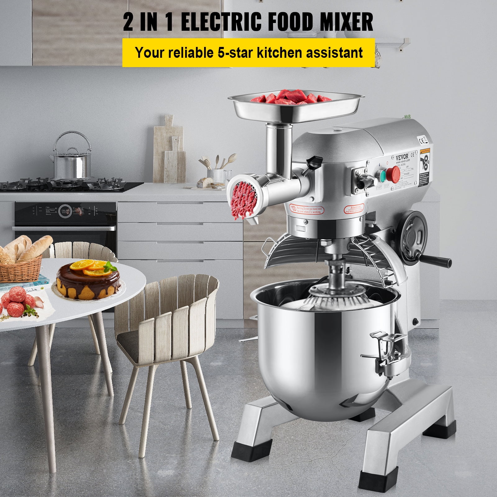 VEVORbrand Commercial Stand Mixer, 20Qt Stainless Steel Bowl, 1100W 2 in 1 Multifunctional Electric Food Mixer with Meat Grinder & 3 Speeds