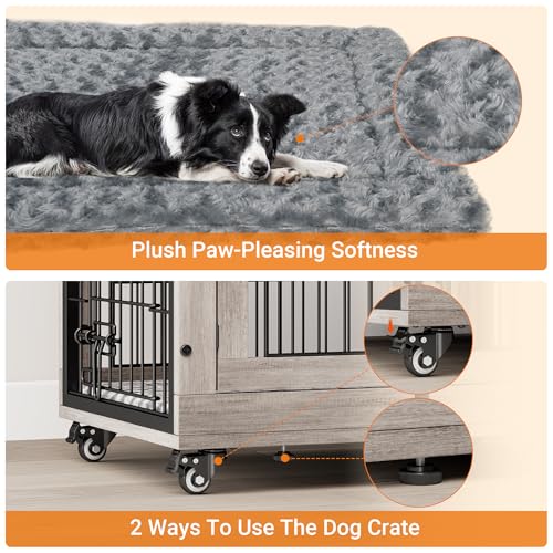 Lulive Dog Crate Furniture for Medium Dogs, 32'' Dog Kennel Indoor with Cushion & Wheels Wooden Dog Cage Double Doors Dog Crate End Table, Grey