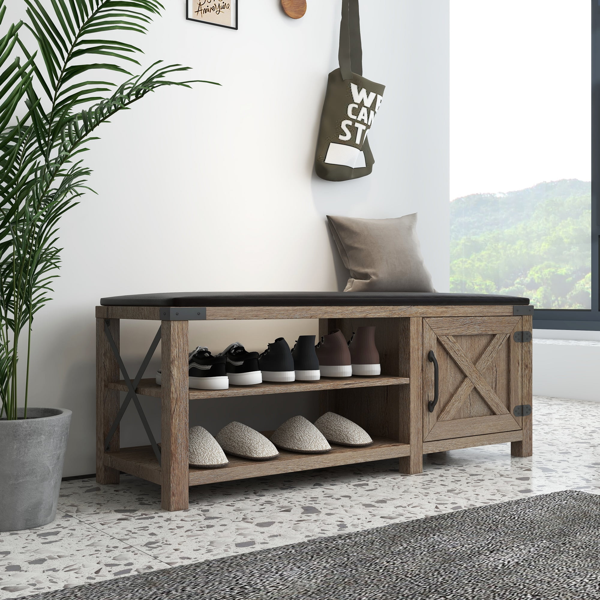 Shoe Bench Entryway with Storage, Shoe Rack Bench with Cushion Seat, Farmhouse 2-Tier Shoe Storage Bench for Entryway Bedroom, Hallway