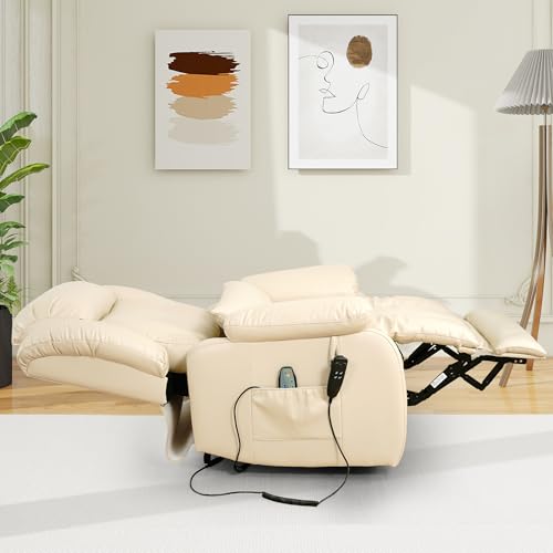 EDILLY Large Genuine Leather Power Lift Recliner Chairs for Elderly, Dual Motor with Massage and Heating,Double Lumbar Cushion and Extended Footrest