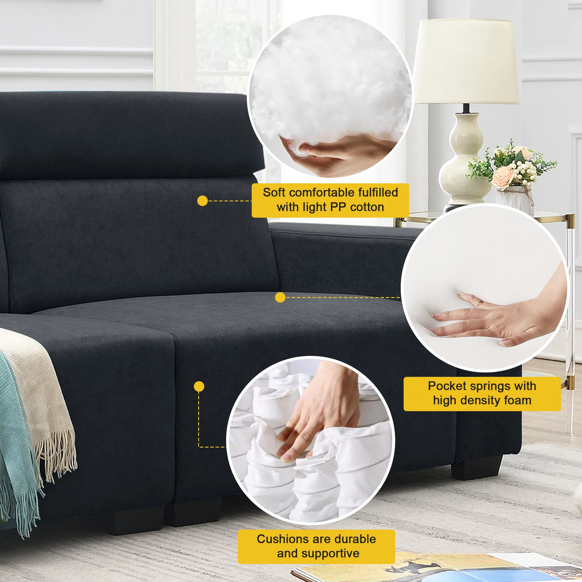 Soges 87" Velvet Loveseat Modern 2-Seater Sofa Couch with Multi-Angle Adjustable Headrest for Living Room, Black