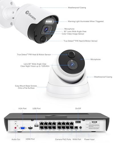 Swann 4K Master Security Camera System, 8 Bullet 8 Dome IP Cameras, 16-Ch NVR with 2TB HDD, Indoor/Outdoor PoE Wired, 24/7 Home Surveillance