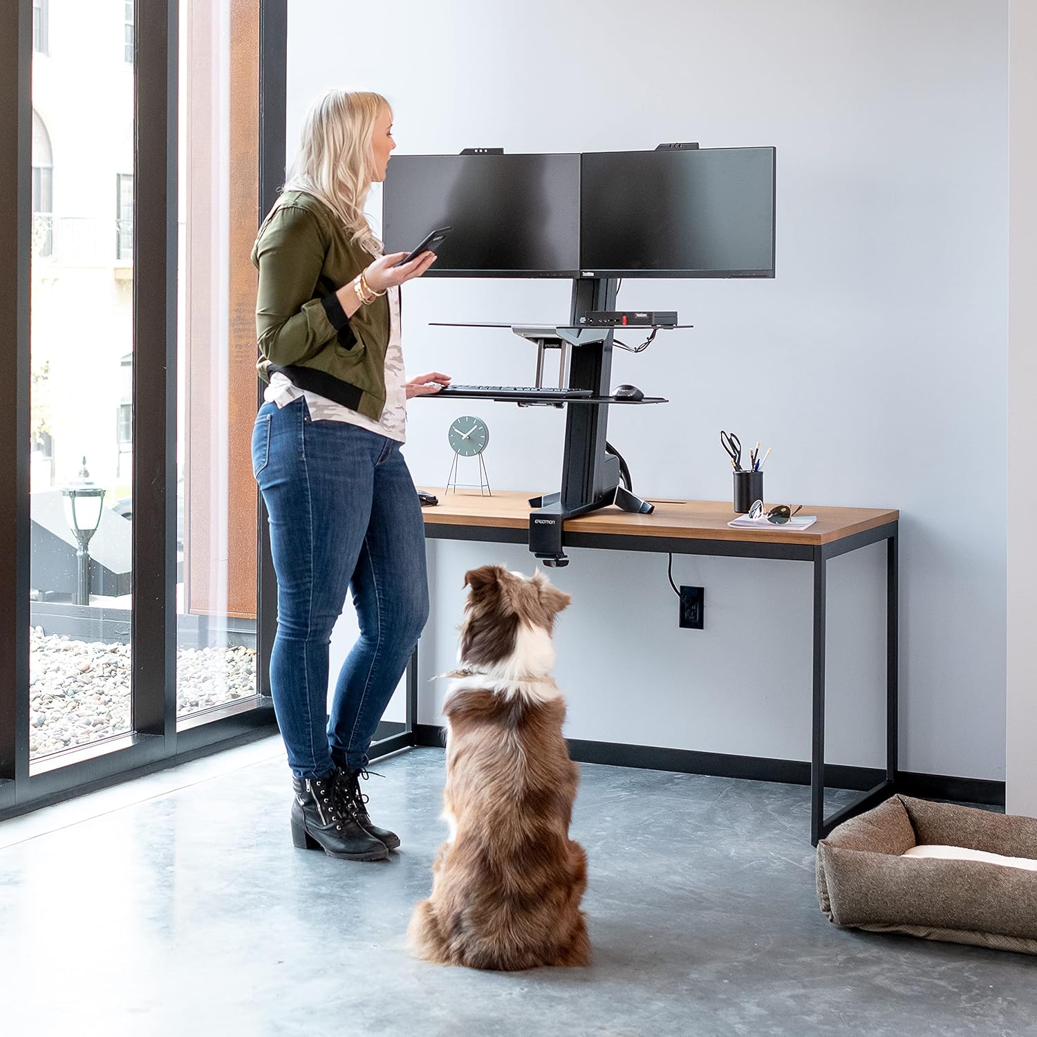 Ergotron – WorkFit-S Dual Monitor Standing Desk Converter, Sit Stand Workstation for Tabletops – with Worksurface, Black