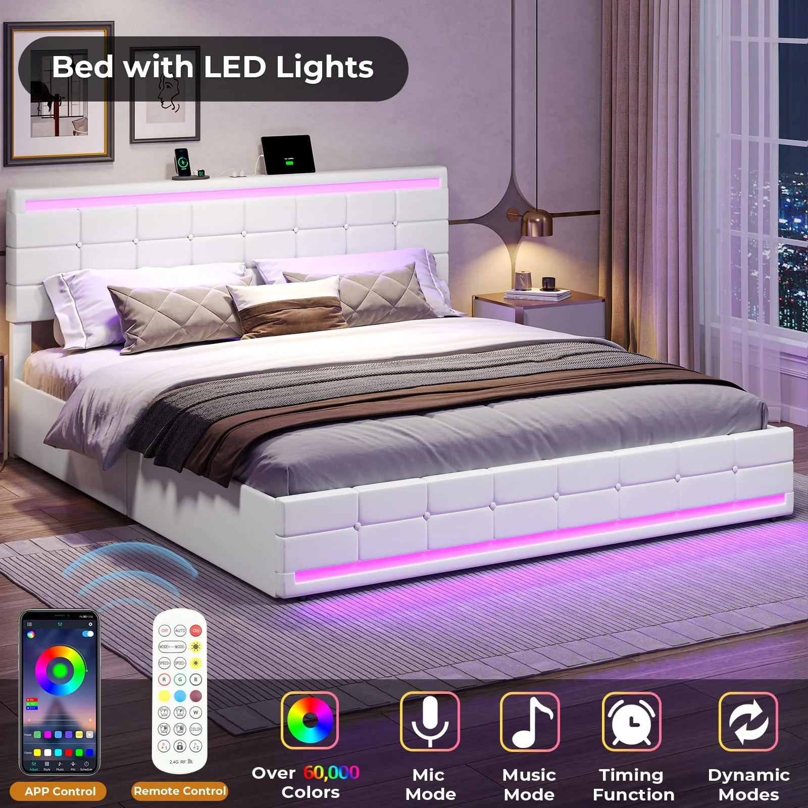 King Bed Frame with Storage Drawers, Platform Bed Frame with LED Lights and USB Port,Leather Upholstered Headboard,Wooden Slats,White