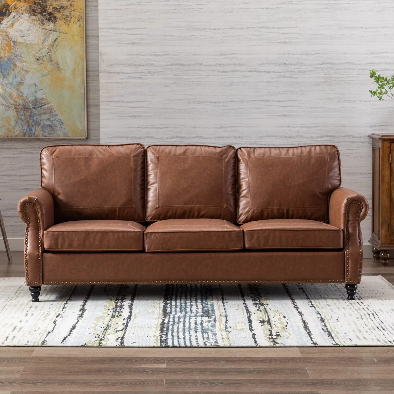 Dreamsir 80" Faux Leather Sofa Couch - Traditional 3-Seater with Nailhead Trim, Rolled Arms, and Easy Assembly (Chocolate Brown)