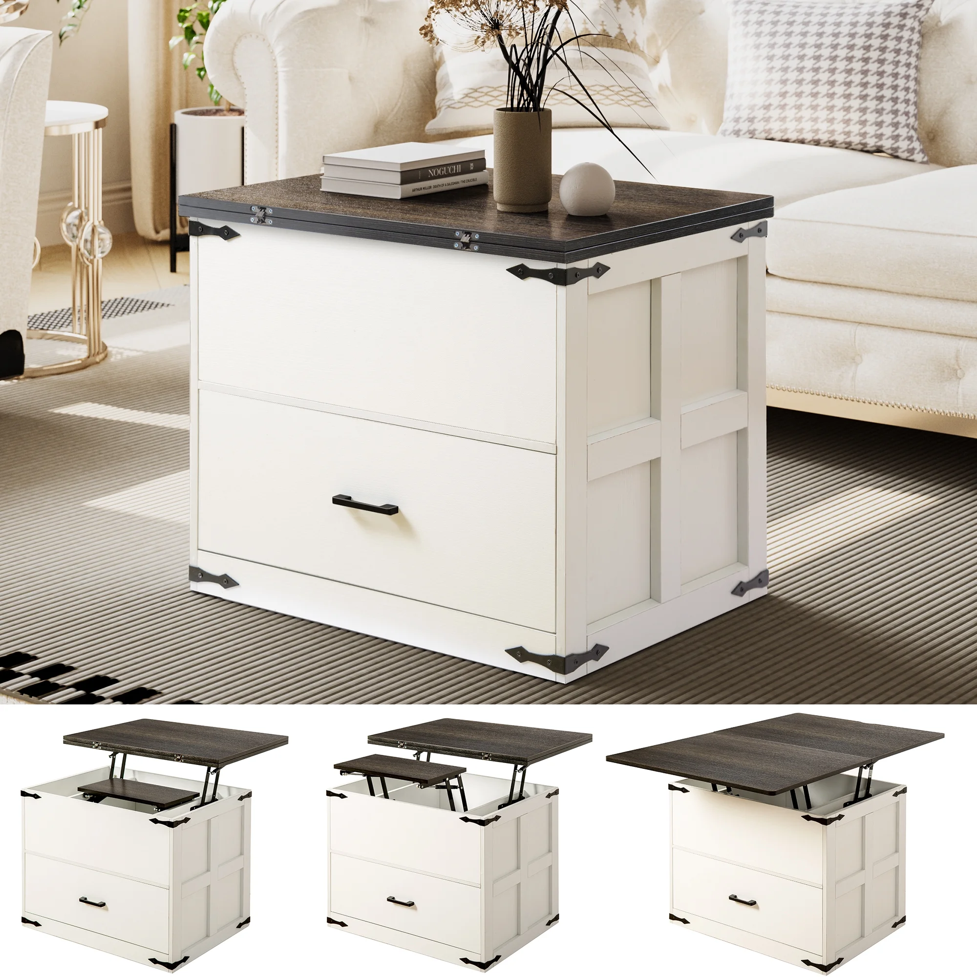 GUNAITO Lift Top Coffee Table with Storage Farmhouse Wood 4 in 1 Multi-Function Convertible Modern Dining Table for Living Room White