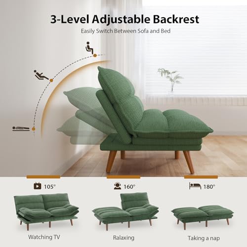 Pipishell Convertible Futon Sofa Bed,66" Corduroy Futon Couch with Adjustable Backrest and Armrests, Recliner Sleeper Sofa for Small Spaces