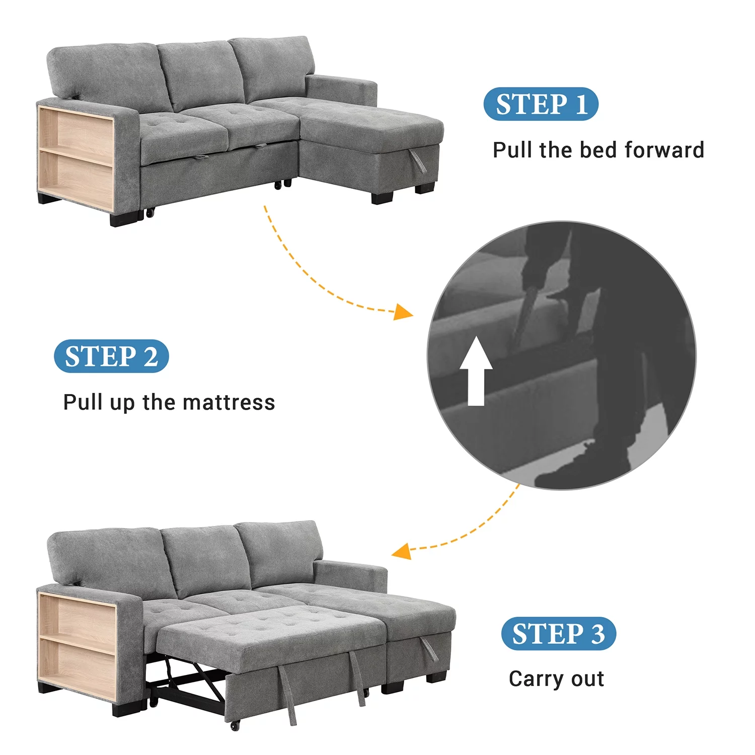 Churanty Functional Sectional Pull Out Sofa Bed with Storage L Shaped Corner Sofa Couch with Drop Down Table and USB Charger for Small Apartment,Gray