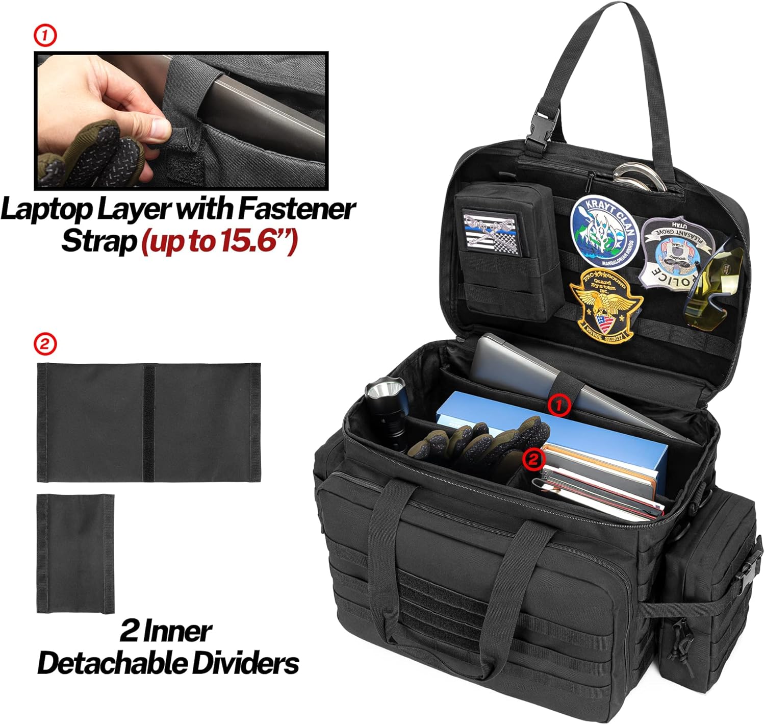 SAMDEW Patrol Bag Law Enforcement, Duty Bag for Police Equipment with 2 Detachable MOLLE Pouches & Laptop Layer (up to 15.6)
