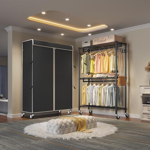 VIPEK R2C Medium Rolling Garment Rack with Cover Heavy Duty Clothes Rack Adjustable Clothing Rack for Hanging Clothes Portable Closets with Double