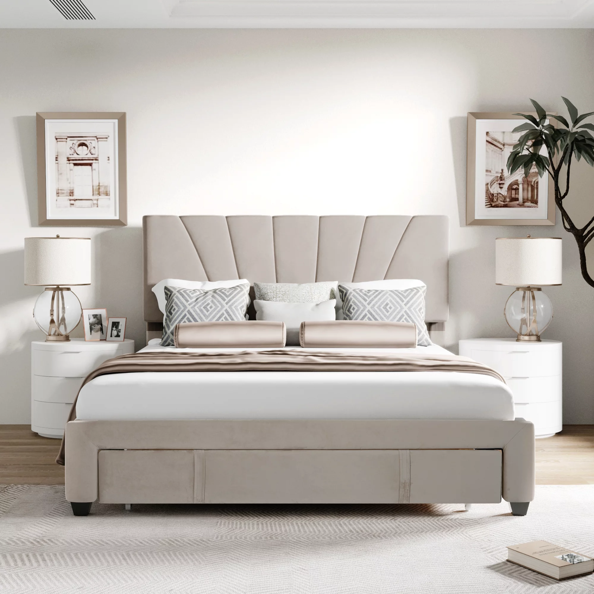 Queen Size Velvet Upholstered Platform Bed