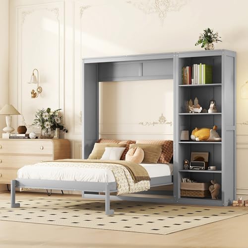 Harper & Bright Designs Full Size Murphy Bed Wall Bed with Storage Shelves, Drawers and LED Lights