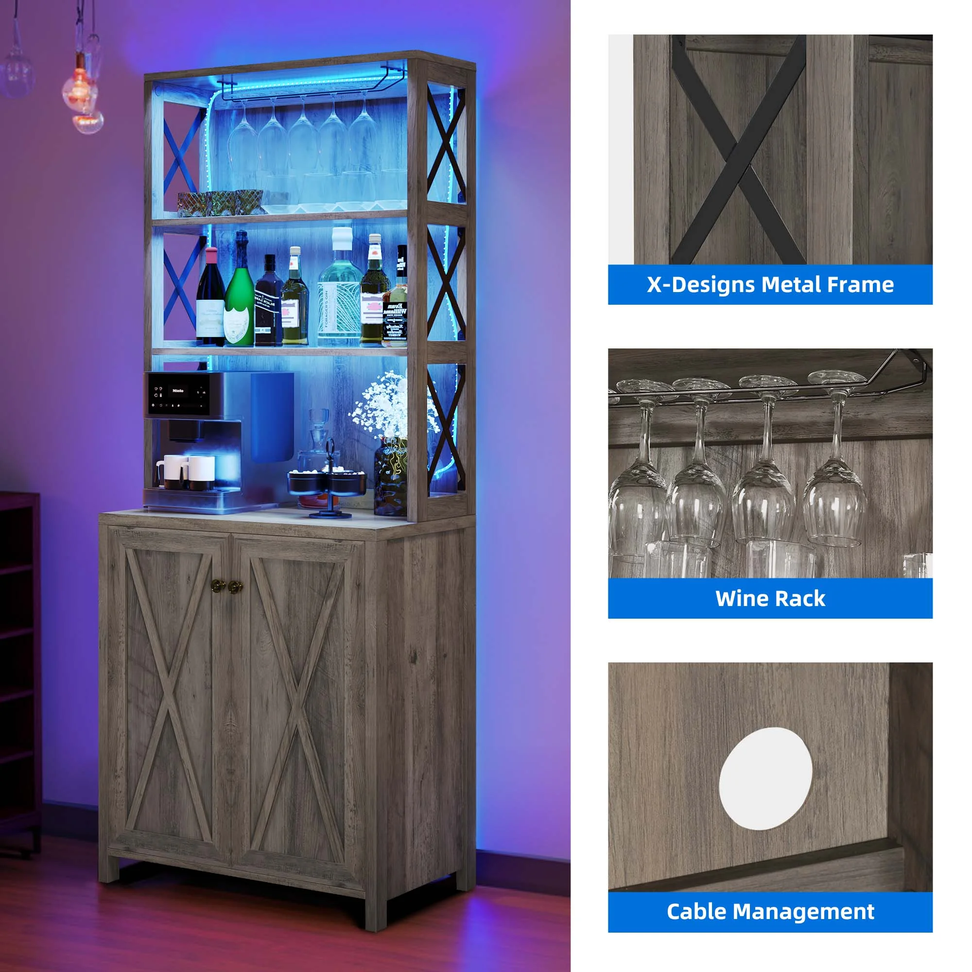 Dextrus Farmhouse Bar Cabinet for Liquor and Glasses, 67"Freestanding Bar Cabinet with Led Light, Doors and Shelves, Kitchen Microwave Storage