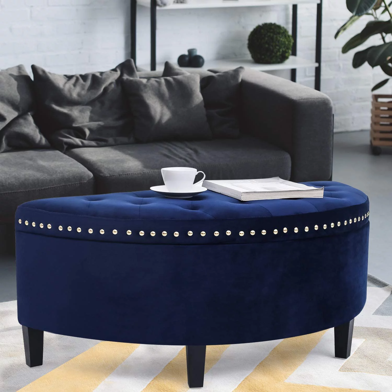 Homebeez 43.5" Half Moon Storage Ottoman, Button Tufted Bedroom Bench for Entryway Living Room, Dark Blue