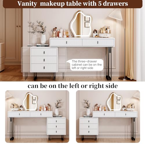 Makeup Vanity Desk with Cloud Lighted Mirror with Power Outlet and LED Strip, 3 Color Lighting Modes with Adjustable Brightness