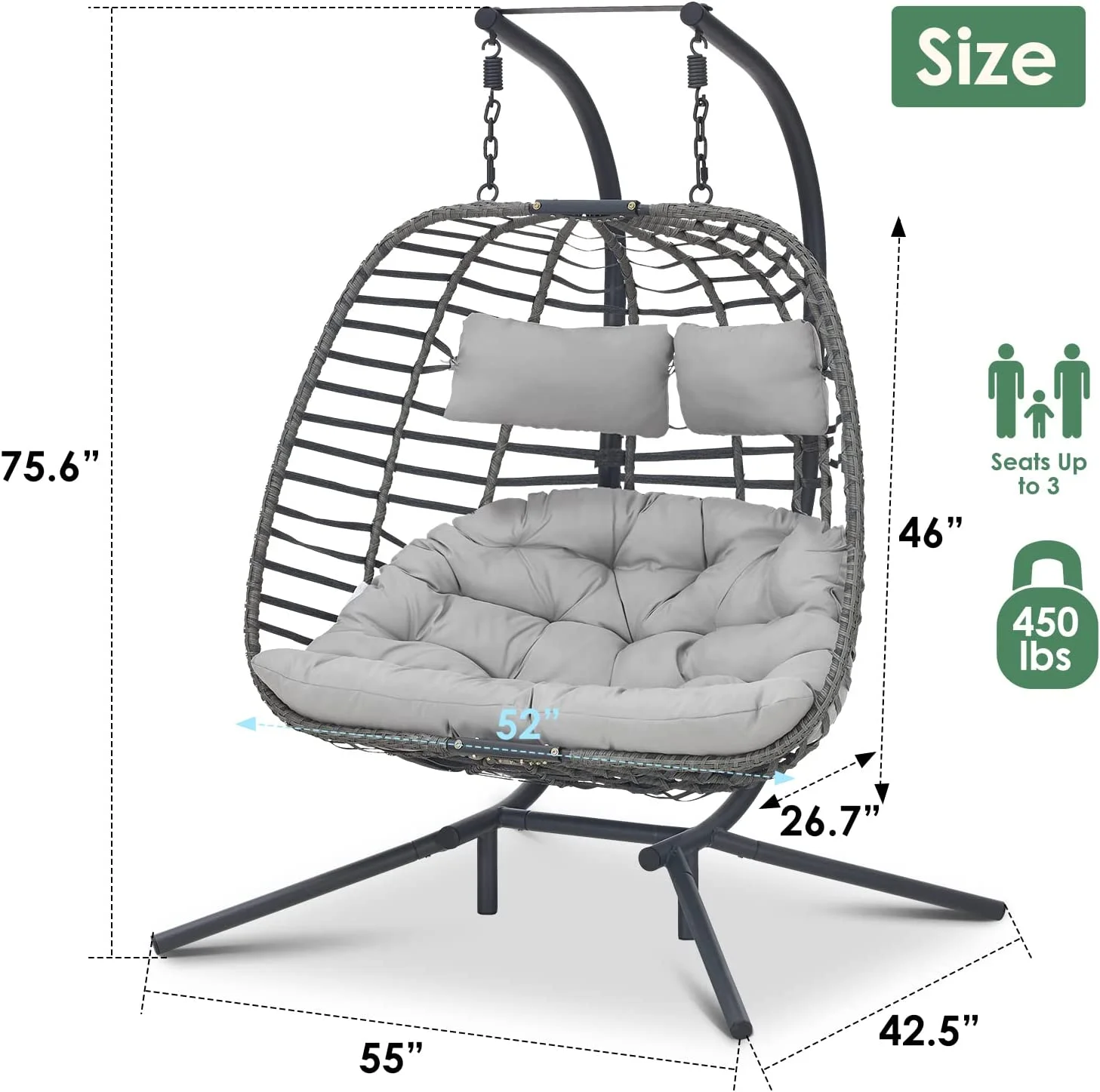 Brafab 2 Person Swing Egg Chair with Sturdy Stand and Fluffy Cushion, Large Double Hand-Woven Wicker Rattan Hanging Egg Chairs