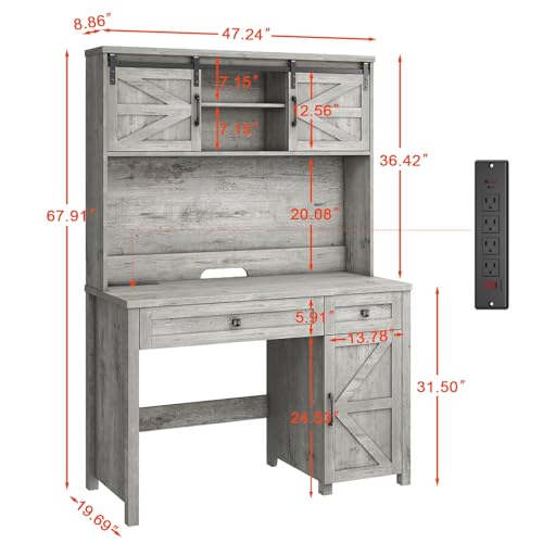Farmhouse 47'' Executive Desk, I-Shape Desk with 3 Drawers, 2 Cabinets, Gray Oak, for Home Office