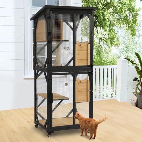 MAGIC UNION 71" Catio Outdoor Cat Enclosure Window Access, 4 Tiers Cats Playpen Catio with Wheels, Resting Box & Waterproof Roof