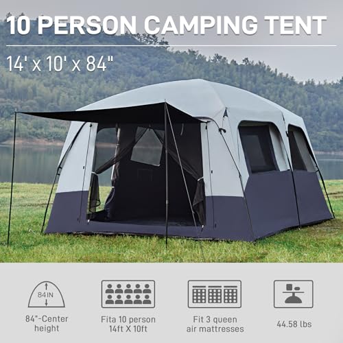 EVER ADVANCED 10 Person Camping Blackout Tent, Multi Room Tent for Family, Large Tents with Rainfly and Carry Bag, 2 Doors, Water-Resistant