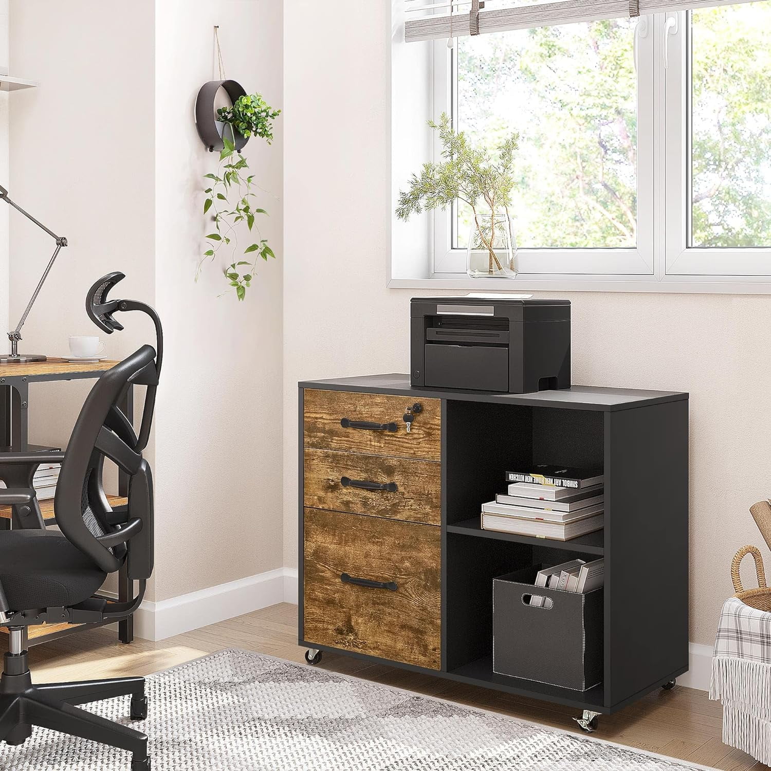 Black File Cabinet with Lock for Letter, A4 Size,3 Drawer Lateral Filing Cabinet Printer Stand with Open Storage Compartments
