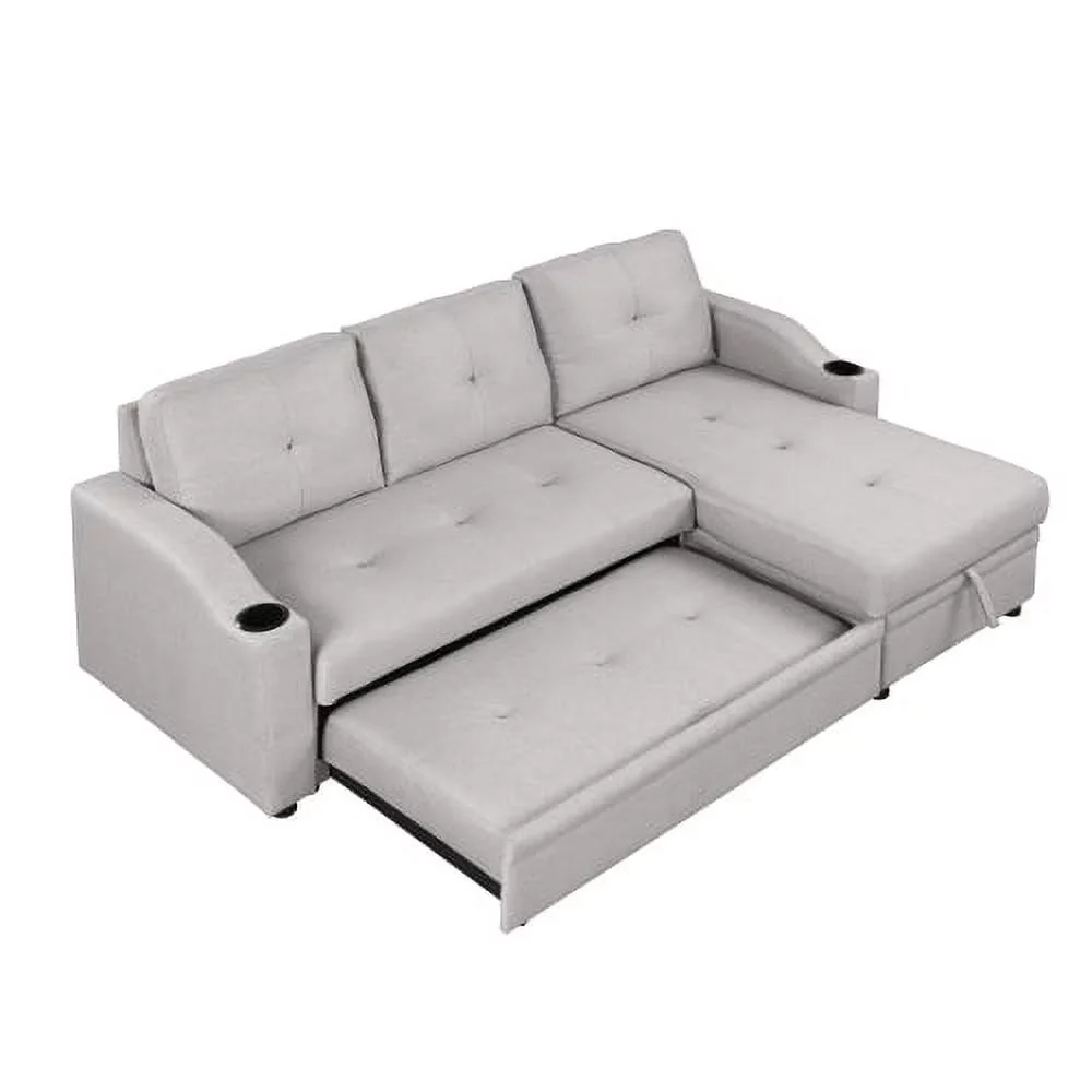 Churanty L-Shape Couch Sectional Sofa Upholstered Velvet Convertible Sofa with Pull-Out Sleeper, Storage Chaise, Cup Holder,Gray