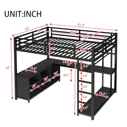 Bellemave Queen Size loft Bed with L Desk, Wardrobe, Metal Queen Loft Bed Frame for Adults, Kids, Teens, Black