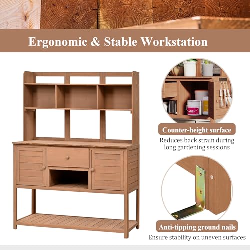 Outdoor Wooden Potting Bench Table – Farmhouse Garden Workstation with Drawers, Cabinet & Storage Shelves, Large Fir Wood Work Table for Patio