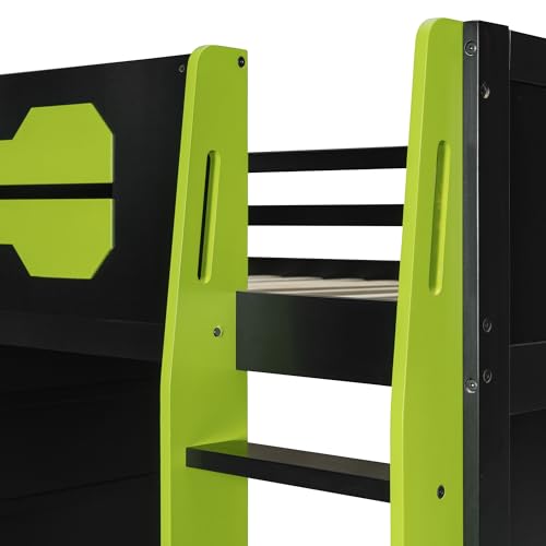 Gaming Bed with Desk,Wardrobe,Ample Storage Space,and RGB LED Light, Full Size Wood Loft Bed for Kids Bedroom (Cloud Blue/K)