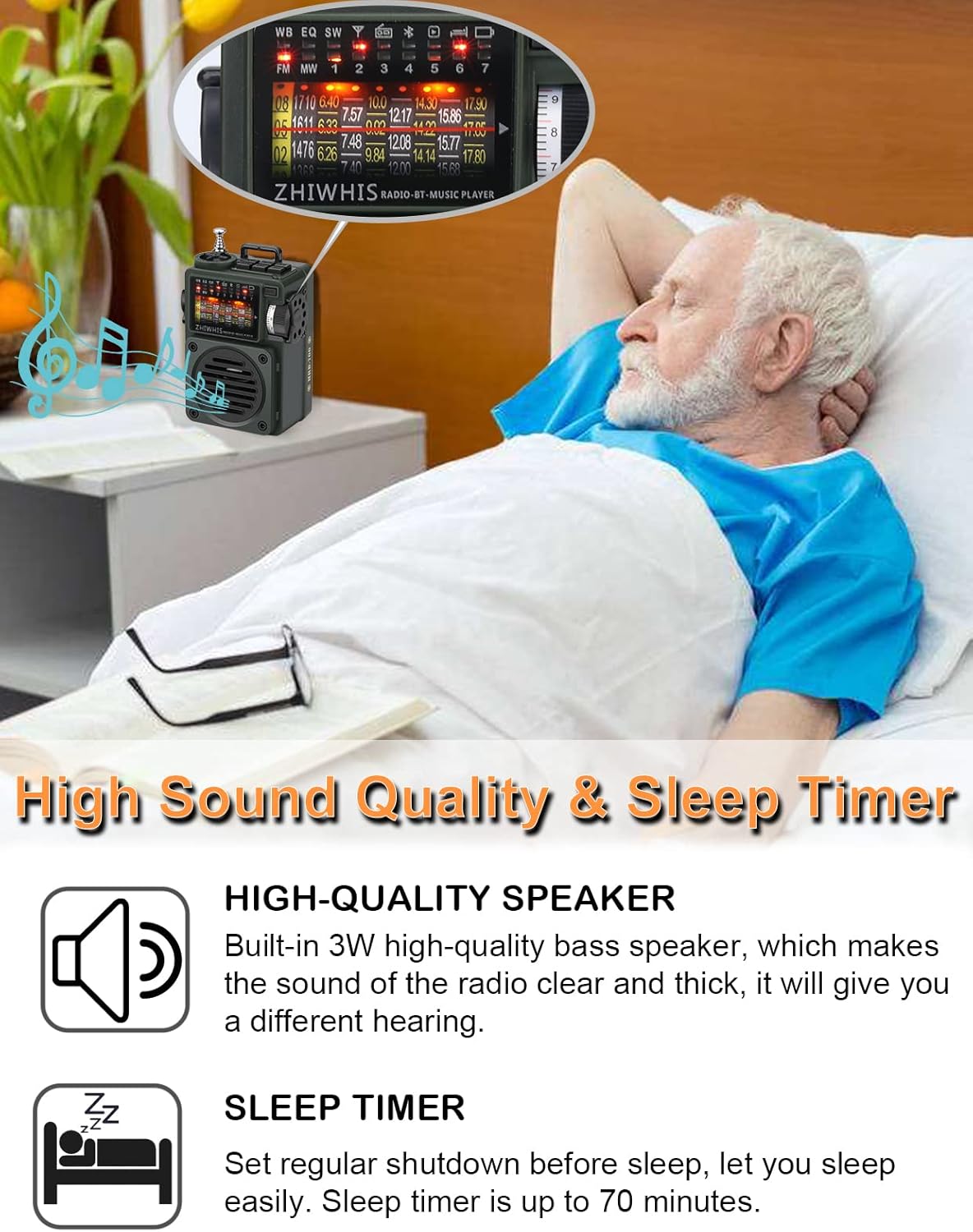 ZHIWHIS Bluetooth Speakers, Portable Radio with Sleep Timer, Weather AM FM Shortwave Radios with Best Sound, Retro Analog Tuner with Preset