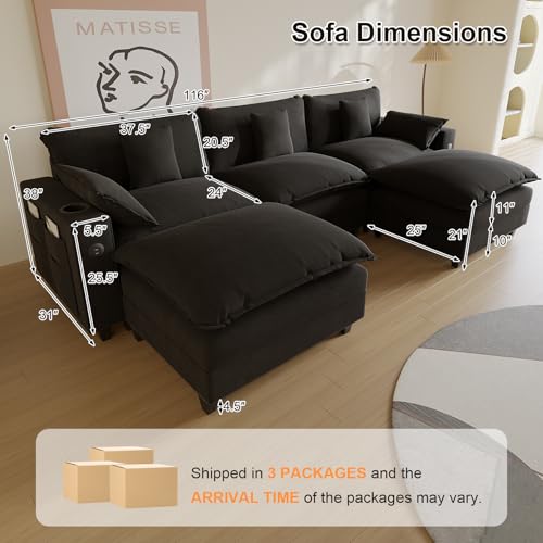 Modular Sectional Sofa, Cloud Couch with Ottoman, Charging Station, Throw Pillows, Cup Holders, Modern Convertible U Shaped Couches for Living Room