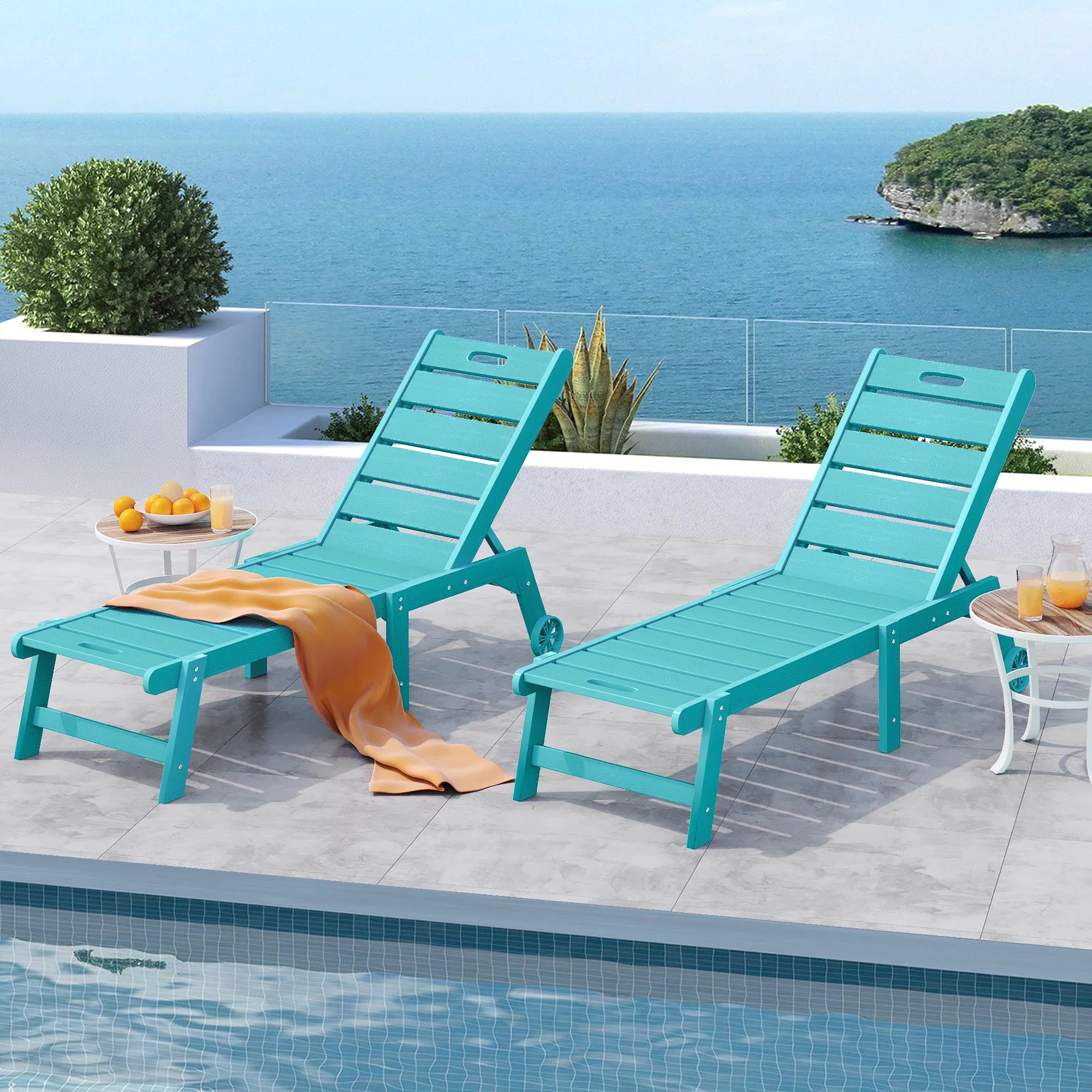 Dextrus 2 Pieces Patio Chaise Lounge Chairs Furniture Set, Pool Reclining Chaise Chairs With Wheels