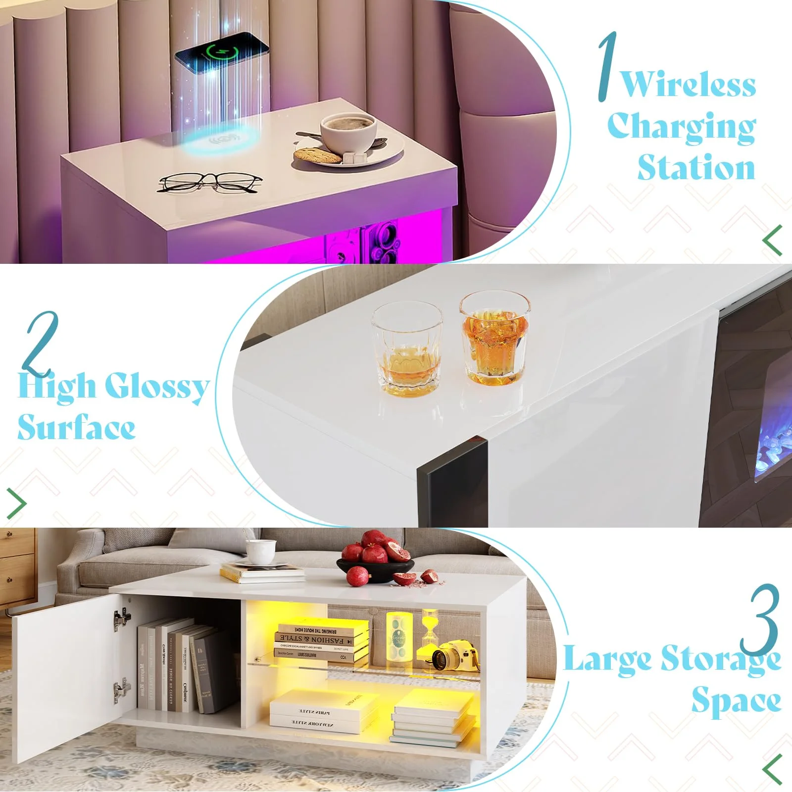 AMERLIFE 4-Piece Living Room Table Set, Includes 70 Inch Fireplce TV Stand, Modern Coffee Table, LED Light Nightstands Set of 2