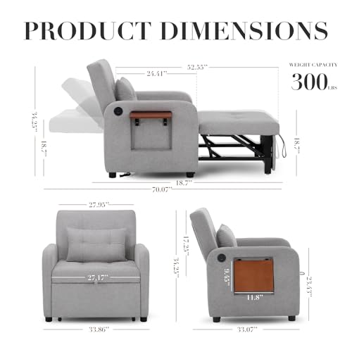COLAMY Convertible Sleeper Chair-Fabric Futon Sofa Bed, Single Sleeper Sofa, Small Couch Bed with USB Port, Foldable Table, Pillow