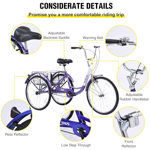 KNUS Adult Single Speed Cargo Tricycles,Adult Trikes 26 inch 3 Wheel Bikes for Adults