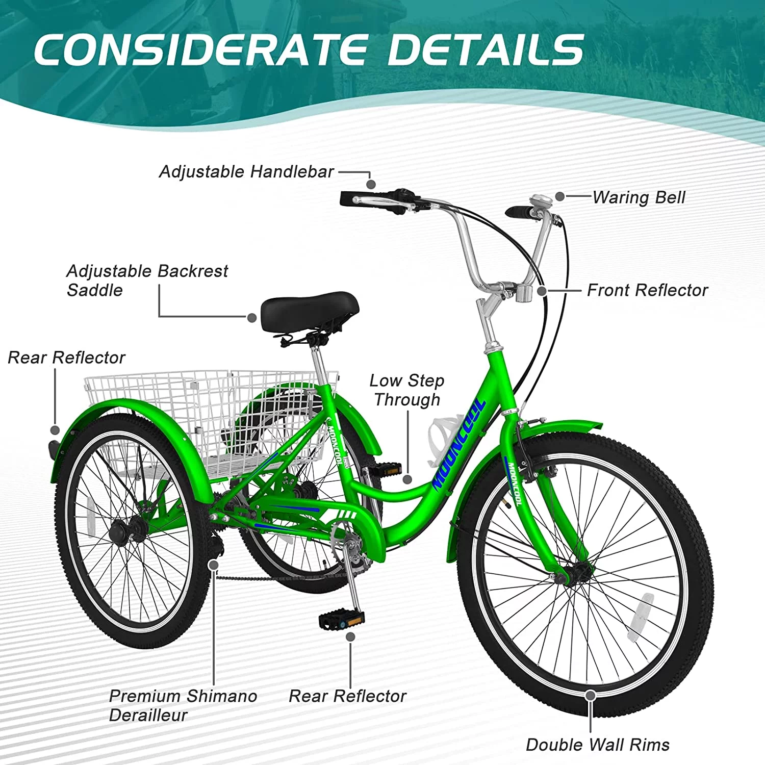Docred Adult Tricycle 7 Speed 24 Inch Three Wheel Bike Cruiser Trike for Men/Women/Seniors