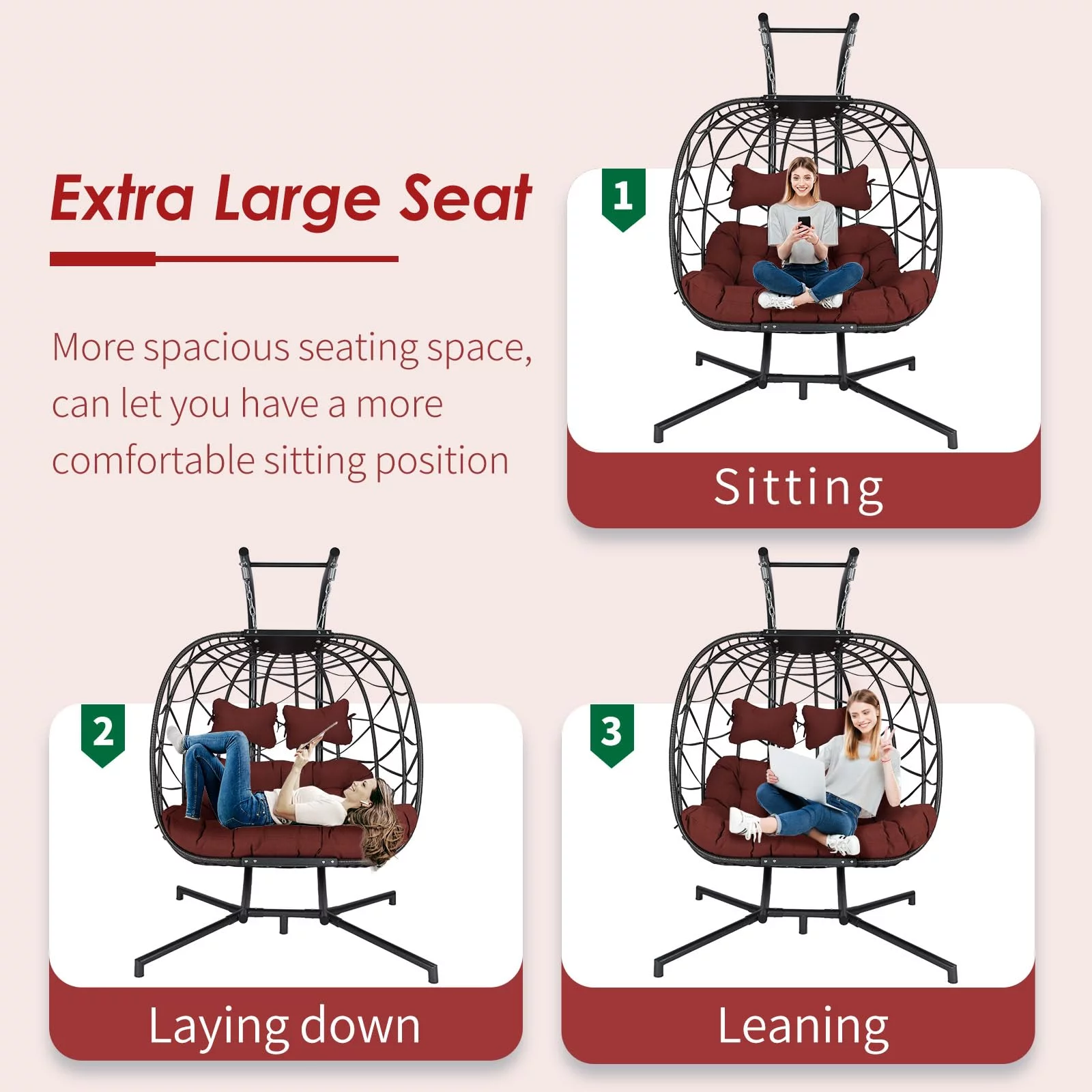 NICESOUL 2 Seater Egg Swing Chair with Stand 2 Person Indoor Outdoor Gray Swing Hanging Chair Two Person Burgundy Olefin Cushion Large Luxury 510Lbs