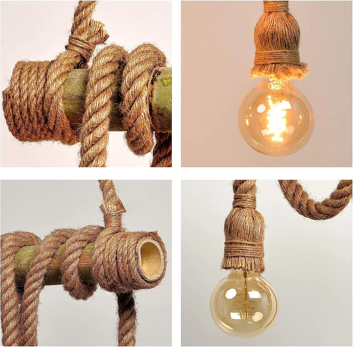 Arturesthome 6 Heads Hemp Rope Pendant Light, Vintage Bamboo Chandeliers Fixture Kitchen Island
