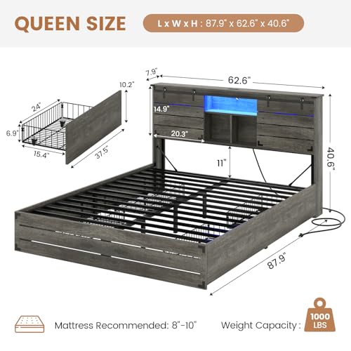 VIAGDO Wooden Bed Frame Queen Size with Bookcase Headboard and Sliding Barn Door, Farmhouse Queen Bed Frame with Charging Station