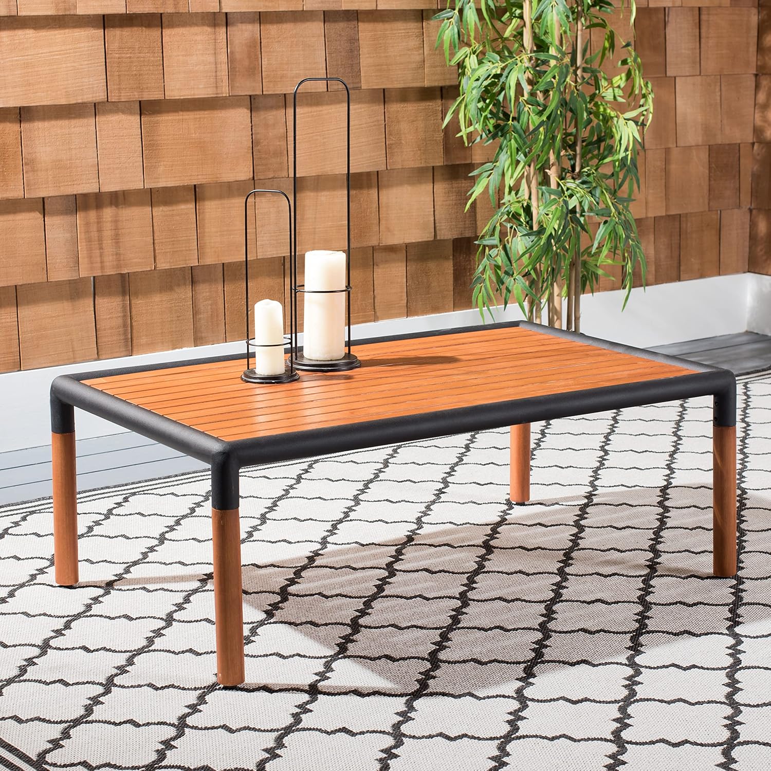 SAFAVIEH Outdoor Couture Collection Tommy Tropical Black Metal/Natural Solid Wood Rectangular Patio Coffee Table (CPT1029A)