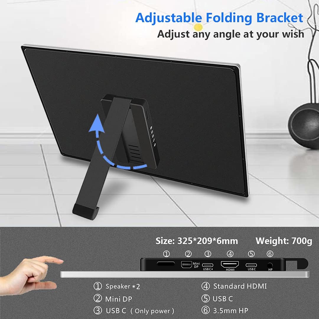Portable Monitor Portable Touch Monitor Corkea 14 Inch 3840x2160 Laptop Monitor, USB-C/HDMI/Mini DP Display, with Rear Folding Kickstand Speakers