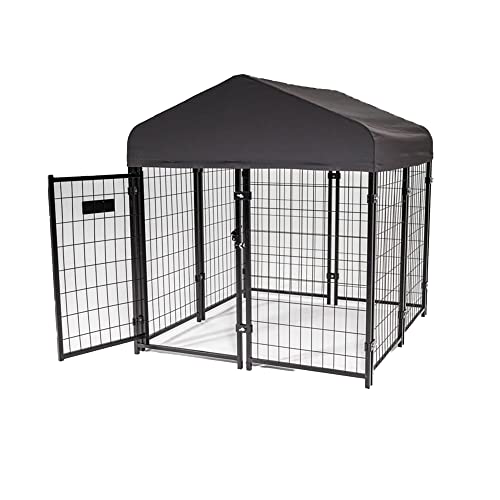 Stay Series 4 by 4 by 4.3 Feet Studio Jr. Black Powder Coat Steel Frame Outdoor Dog Kennel with Waterproof Canopy Roof and Gate Door, Khaki