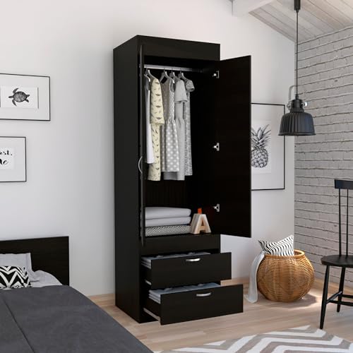 Armoire Wardrobe 2 Doors and 1 Drawer, Clothes Cabinet with Storage Shelves and Hanging Rod, Freestanding Wooden Closets Organization for Bedroom
